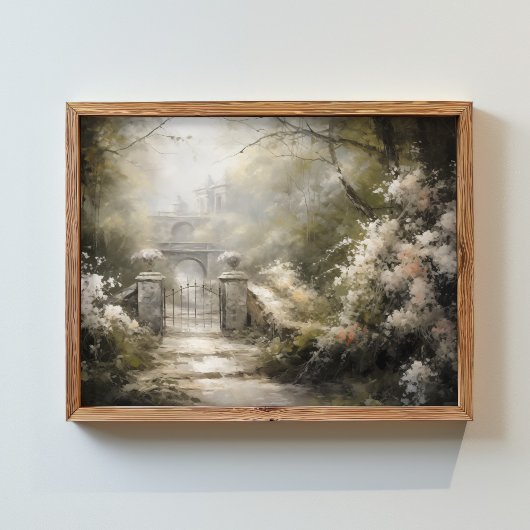 Een poort in een bos samen met bloemen poster