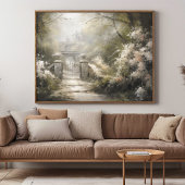 Een poort in een bos samen met bloemen poster