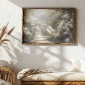 Een poort in een bos samen met bloemen poster