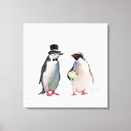 Een prachtig huwelijk met een pinguïn-paar op wit canvas afdruk (Voorkant)