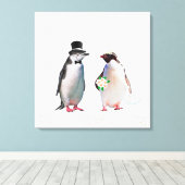 Een prachtig huwelijk met een pinguïn-paar op wit canvas afdruk (Insitu (Houten vloer))