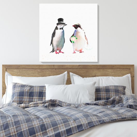 Een prachtig huwelijk met een pinguïn-paar op wit canvas afdruk (Insitu (Slaapkamer))