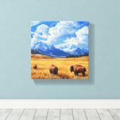 Een prachtig landschap met twee bizons die er door canvas afdruk (Insitu (Houten vloer))