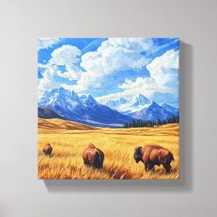 Een prachtig landschap met twee bizons die er door canvas afdruk