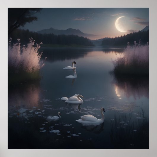 Een prachtig maanverlicht meer omringd poster (Voorkant)