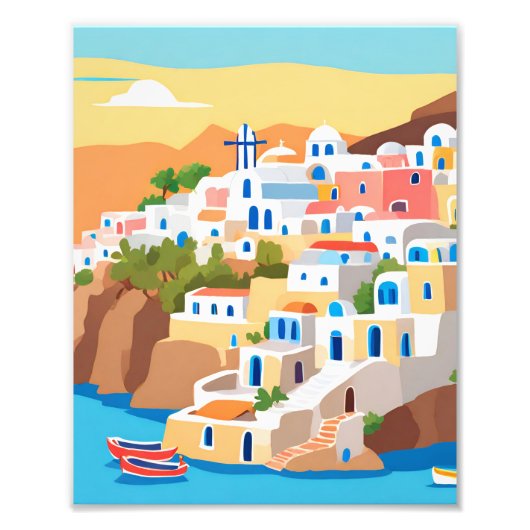 Een prachtig schilderij van Santorini Island Foto Afdruk (Voorkant)