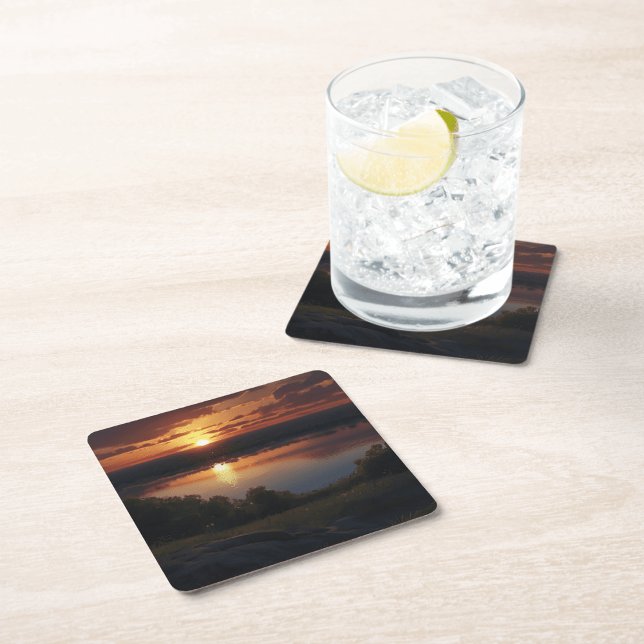 Een prachtig zomerse rivierlandschap rond kussen (Photorealistic Sunrise Square Paper Coaster )
