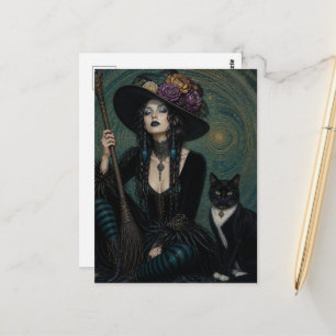 Een prachtige heks en haar zwart-witte kat briefkaart
