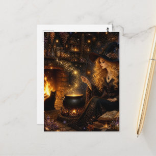 Een prachtige heks en haar zwarte kat briefkaart
