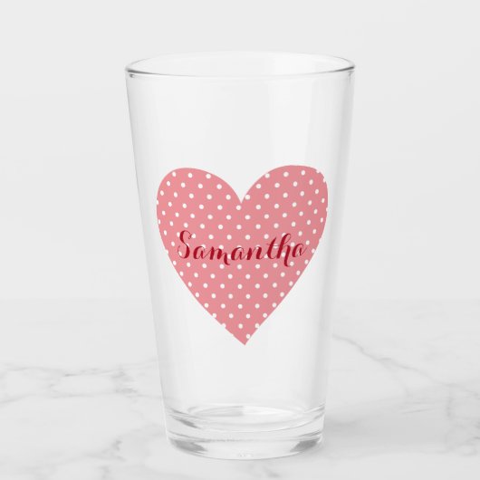 Een prachtige roze en witte hartpolka stip display glas (Voorkant)