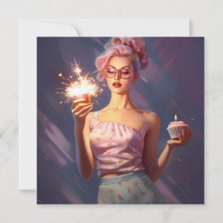 Een prachtige roze harige vrouw met een cupcake