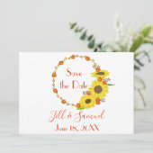 Een prachtige rustieke zonnebloemenkrans save the date (Staand voorkant)