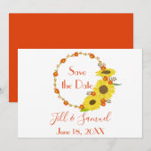 Een prachtige rustieke zonnebloemenkrans save the date (Voorkant / Achterkant)
