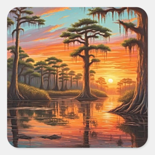 Een prachtige zonsondergang beneden op de Bayou Vierkante Sticker (Voorkant)