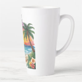 Een prachtige zonsondergang bij tropisch strand, v latte mok