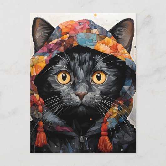 Een prachtige zwarte kat in een kleurrijke jas briefkaart (Voorkant)