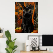 Een prachtige zwarte kat in een Oranje stoel Poster (Thuiskantoor)