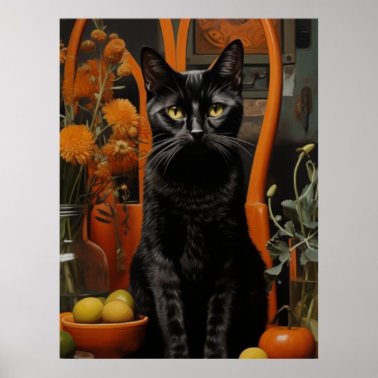 Een prachtige zwarte kat in een Oranje stoel Poster (Voorkant)