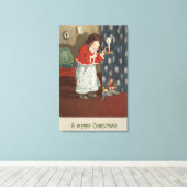 Een prettig kerstmeisje dat een kaarsje vasthoudt canvas afdruk (Insitu (Houten vloer))