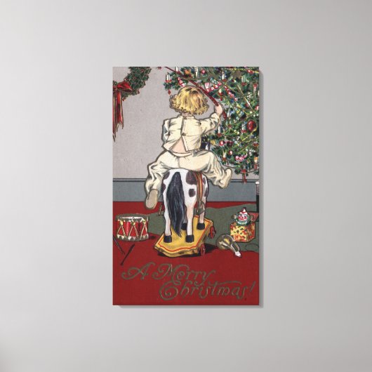 Een prettige kerstjongen op een Rocking Horse Canvas Afdruk (Voorkant)