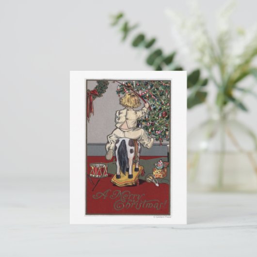 Een prettige kerstjongen op een Rocking Horse Feestdagenkaart (Staand voorkant)