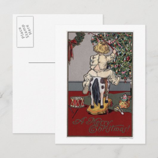Een prettige kerstjongen op een Rocking Horse Feestdagenkaart (Voorkant / Achterkant)