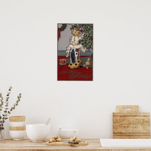 Een prettige kerstjongen op een Rocking Horse Poster (Keuken)
