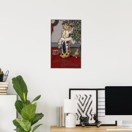 Een prettige kerstjongen op een Rocking Horse Poster (Thuiskantoor)