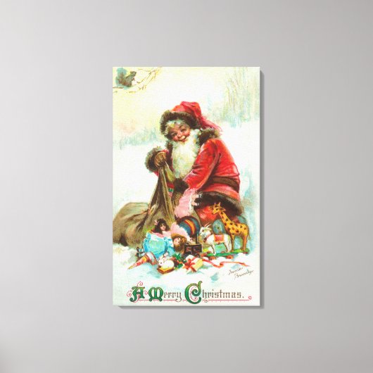 Een prettige kerstkerstman die speelgoed pakt in z canvas afdruk (Voorkant)