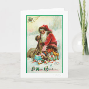 Een prettige kerstkerstman die speelgoed pakt in z feestdagen kaart