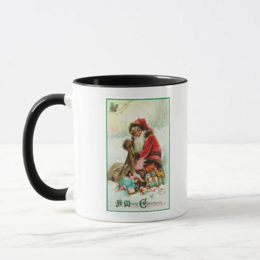 Een prettige kerstkerstman die speelgoed pakt in z mok (Links)