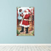 Een prettige kerstman-kerstman-meisje in blauw canvas afdruk (Insitu (Houten vloer))