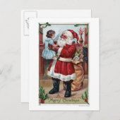 Een prettige kerstman-kerstman-meisje in blauw feestdagenkaart (Voorkant / Achterkant)