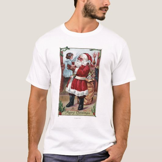 Een prettige kerstman-kerstman-meisje in blauw t-shirt (Voorkant)