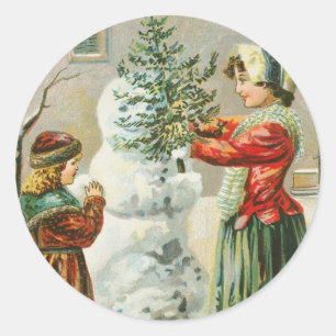 Een prettige kerstvrouw, kind en Snowman Ronde Sticker