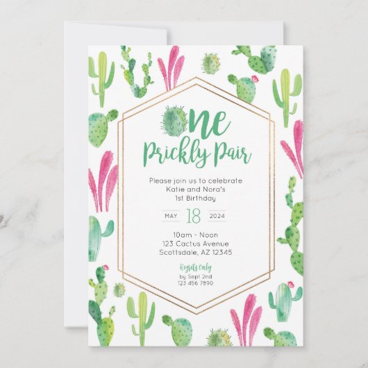 Een Prickly Pair Twin Meisjes 1e Verjaardag Invite Kaart (Voorkant)