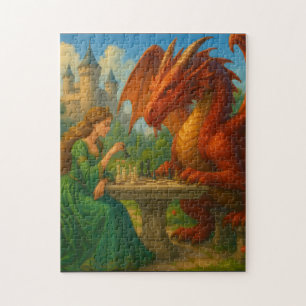 Een prinses die schaak speelt met een drakenfantas legpuzzel