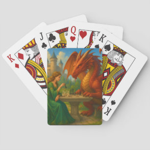 Een prinses die schaak speelt met een drakenfantas pokerkaarten