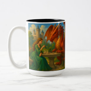 Een prinses die schaak speelt met een drakenfantas tweekleurige koffiemok