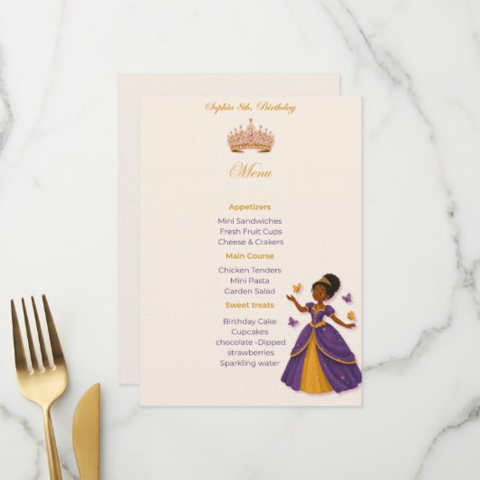 Een prinsessen verjaardagsmenu menu (Voorkant / Achterkant in situ)