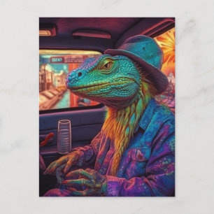 Een psychedelische hagedis in een voertuig briefkaart