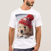 Een pup draagt een rood pet met een sneeuwpop erop t-shirt (Voorkant)