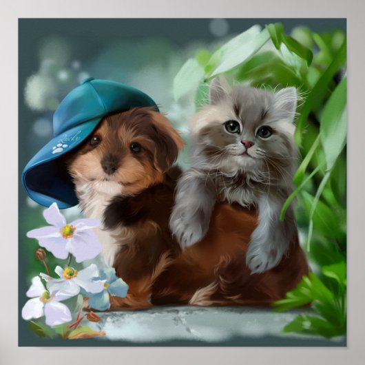 Een puppy en een grijze kitten poster (Voorkant)