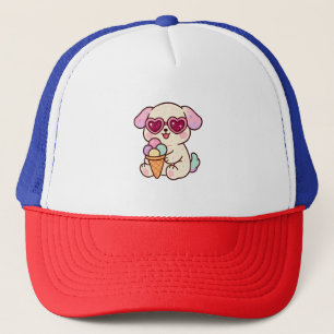 Een puppy met ijs trucker pet