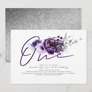 Eén Purple Flowers 1st Birthday Party Invitation Kaart