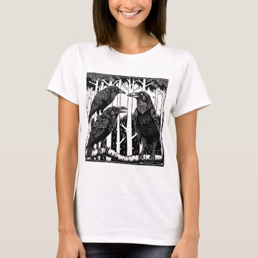 Een raaf en haar kinderen in de boomtoppen t-shirt (Voorkant)