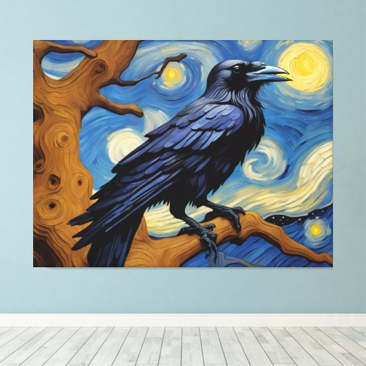 Een raaf in een oude eikenboom Sterrennacht Canvas Afdruk (Insitu (Houten vloer))