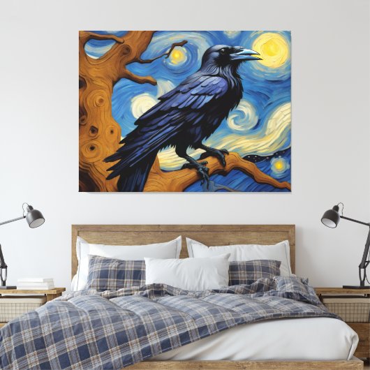Een raaf in een oude eikenboom Sterrennacht Canvas Afdruk (Insitu (Slaapkamer))