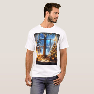 Een raam met een kerstboom en een menora met t-shirt