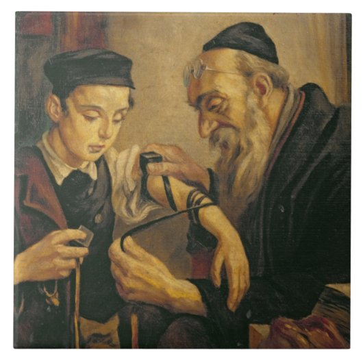 Een rabbijn die de Phylacteries aan de arm van een Tegeltje (Voorkant)